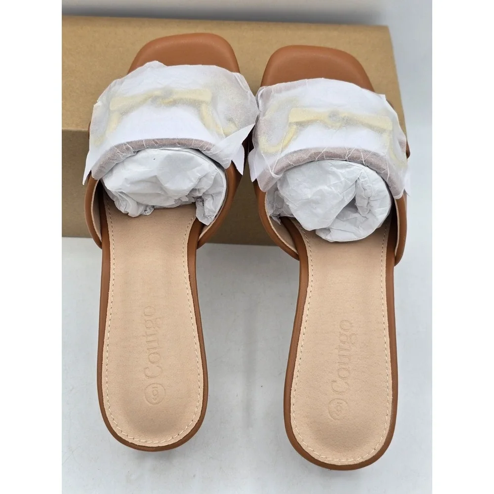 NIB Coutgo Women's Heeled Slides Sandals Square Open Toe Slip On - Brown‎ - Sz 6